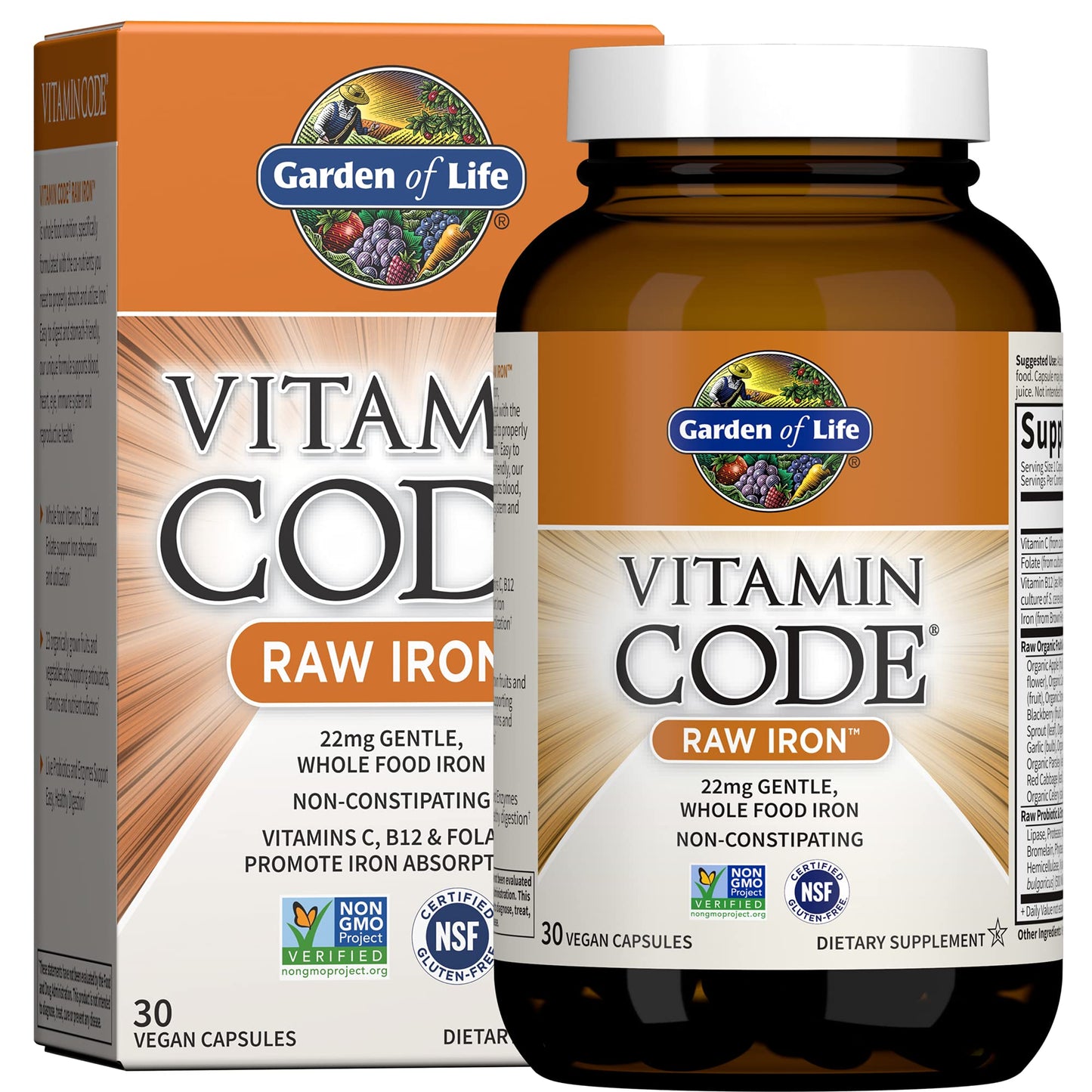 Garden of Life Vitamin Code Raw Iron Supplement - 30 Vegan Capsules, 22mg Once Daily Iron, Vitamins C, B12, Folate, Fruit, Veggies & Probiotics, Iron Supplements for Women, Energy & Anemia Support Garden of Life buy supplements Au