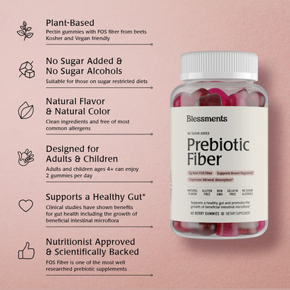 Blessments - Prebiotic Fiber Gummies for Adults & Kids with No Added Sugar- 5g (60 Count) High Fiber Supplement Gummies - Vegan - Keto Friendly - Digestive Health Supplements
