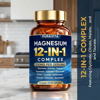 Puravita 12 in 1 Magnesium Complex Capsules - 700mg High Absorption Blend with Glycinate, Citrate, Malate, Oxide & Taurate. Supports Muscle Function, Nerve Health & Relaxation - 120 Capsules (1) PURAVITA buy supplements Au