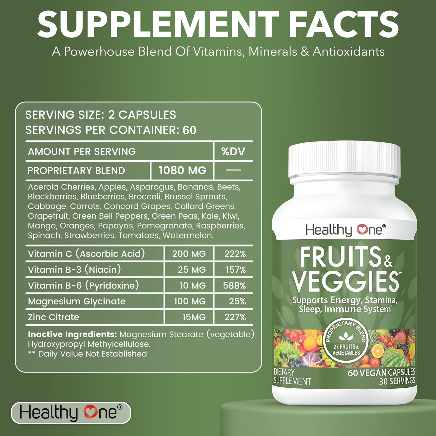 Fruits & Veggies Formula - 27 Premium Whole Foods - Organic Ingredients - Equals 3 Servings of Fruits & Vegetables - Improve Energy, Focus & Immune Function - Fiber - Antioxidants - 120ct (60 Serv) Healthy One buy supplements Au