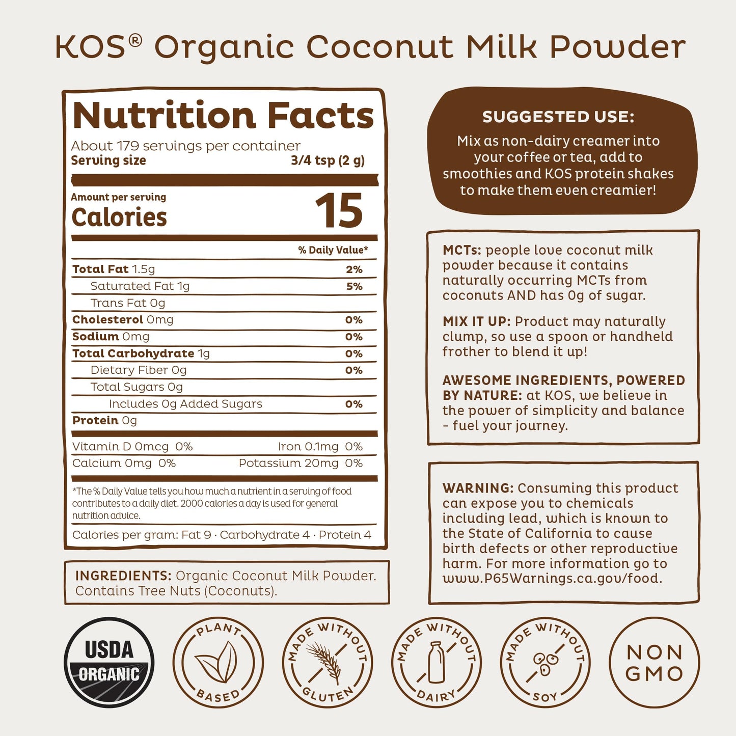 KOS Organic Coconut Milk Powder, USDA Certified Organic - 0g Sugar, MCT Plant Based Creamer for Coffee, Smoothies, Vegan, Keto, Paleo Friendly, Non-GMO, Gluten or Dairy- 12.6oz, 179 Servings KOS buy supplements Au