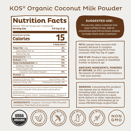 KOS Organic Coconut Milk Powder, USDA Certified Organic - 0g Sugar, MCT Plant Based Creamer for Coffee, Smoothies, Vegan, Keto, Paleo Friendly, Non-GMO, Gluten or Dairy- 12.6oz, 179 Servings KOS buy supplements Au