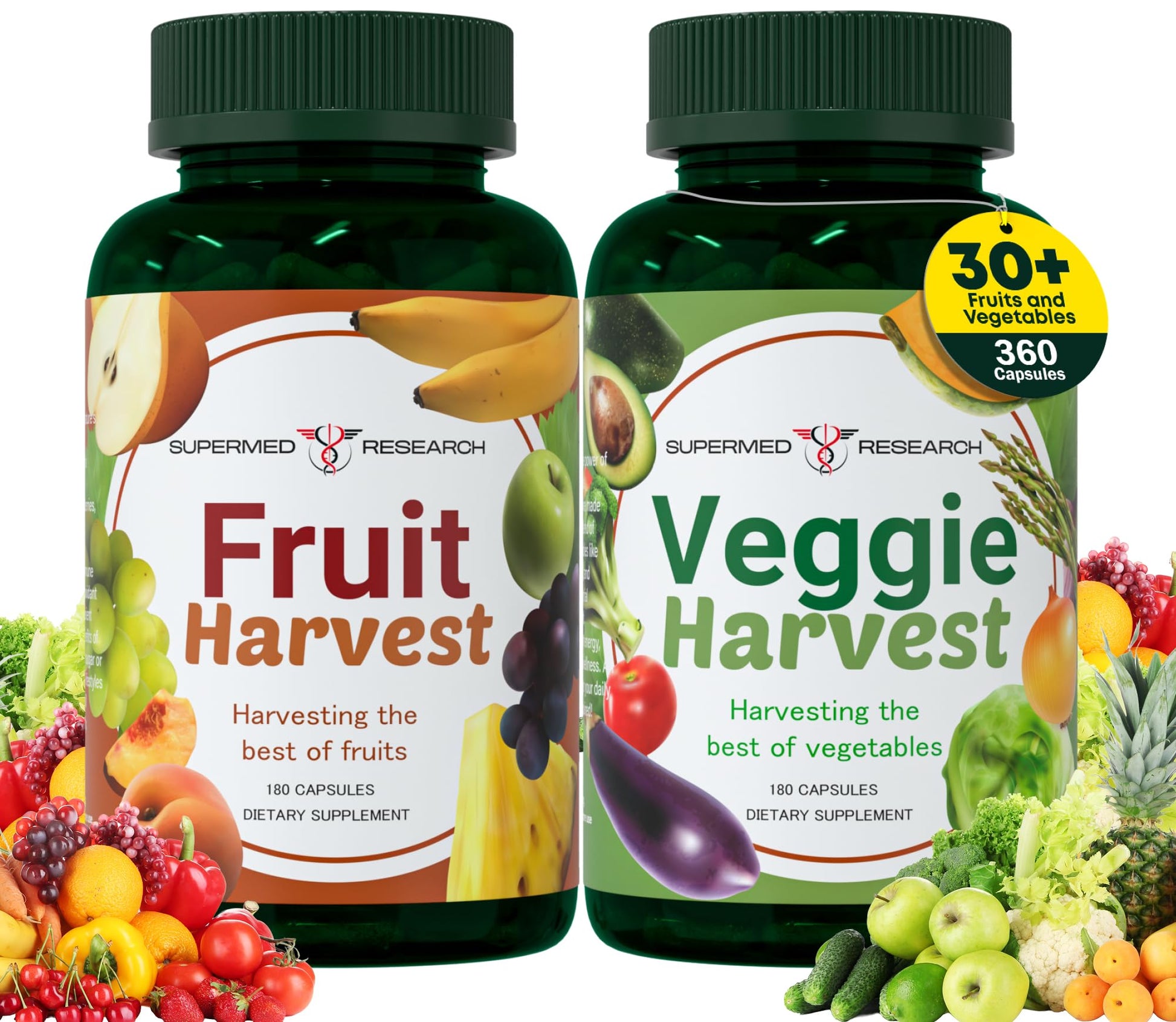 Two supplement bottles labeled 'Fruit Harvest' and 'Veggie Harvest' with fruit and vegetable graphics on a white background.