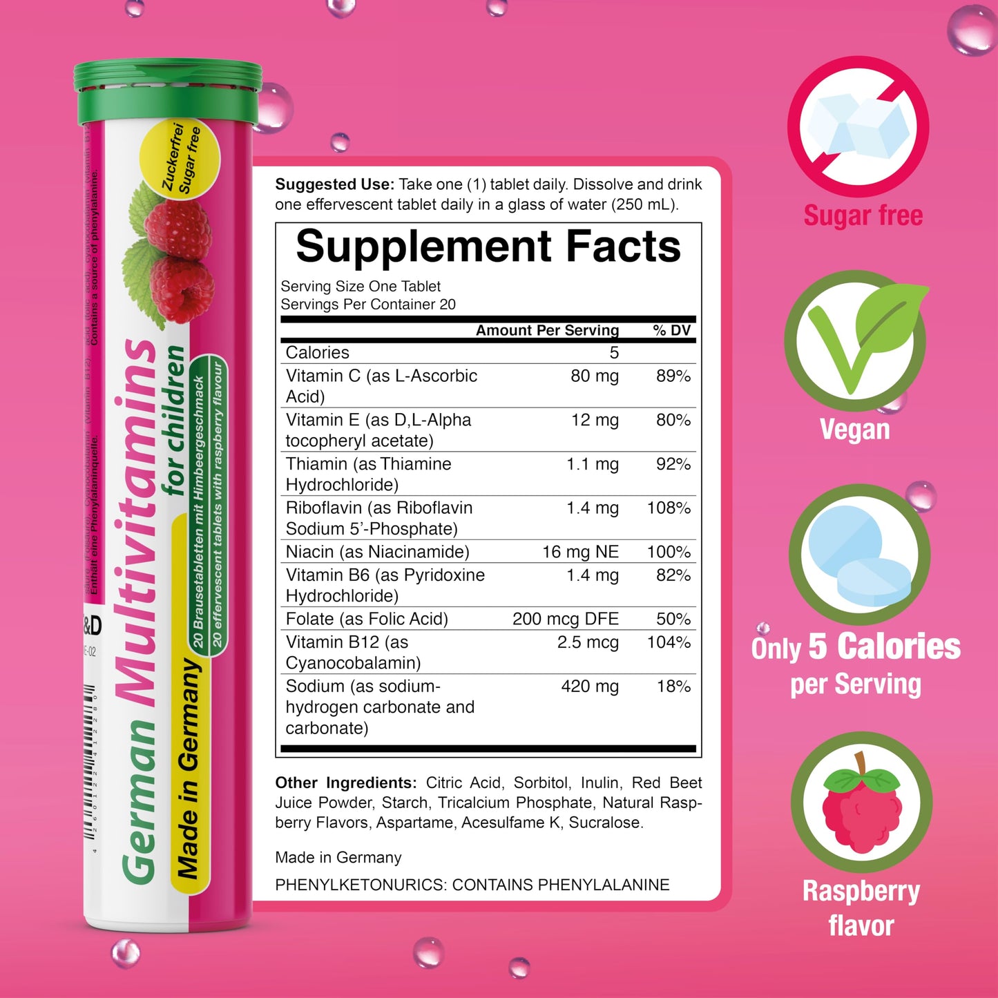 T&D German Multivitamin for Children 60 Drink Effervescent Tablets - Sweet Raspberry Flavour, Sugar Free, Vegan - Vitamin C, E, B1, B2, B6, B12, Folic Acid, Niacin Pharma – Made in Germany T&D buy supplements Au
