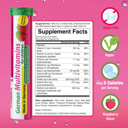 T&D German Multivitamin for Children 60 Drink Effervescent Tablets - Sweet Raspberry Flavour, Sugar Free, Vegan - Vitamin C, E, B1, B2, B6, B12, Folic Acid, Niacin Pharma – Made in Germany T&D buy supplements Au