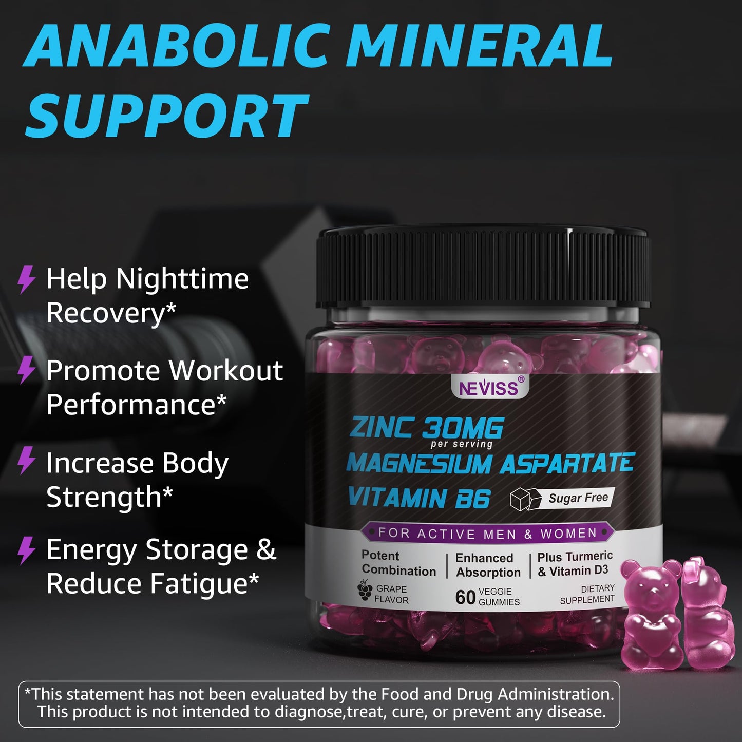 Zinc and Magnesium Supplement, Zinc Magnesium Aspartate Post Workout Gummies for Men Women, with Vitamin B6, B12, D3, Turmeric for Nighttime Recovery, Reduce Fatigue