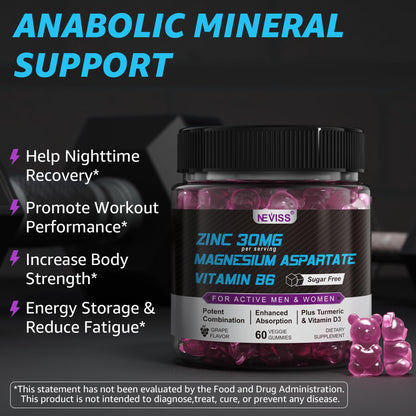 Zinc and Magnesium Supplement, Zinc Magnesium Aspartate Post Workout Gummies for Men Women, with Vitamin B6, B12, D3, Turmeric for Nighttime Recovery, Reduce Fatigue