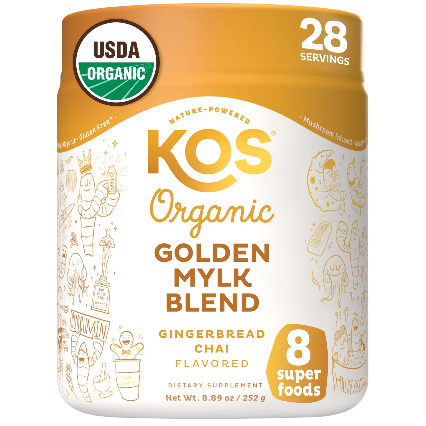 KOS Golden Mylk with Tumeric and Ginger, Organic Superfood Latte Powder, Adaptogen Mushroom Blend - Coffee Creamer, Dessert & Smoothie - Caffeine Free, Vegan, Dairy-Free, Gingerbread Chai, 28 Servings KOS buy supplements Au