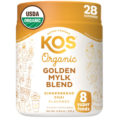 KOS Golden Mylk with Tumeric and Ginger, Organic Superfood Latte Powder, Adaptogen Mushroom Blend - Coffee Creamer, Dessert & Smoothie - Caffeine Free, Vegan, Dairy-Free, Gingerbread Chai, 28 Servings KOS buy supplements Au