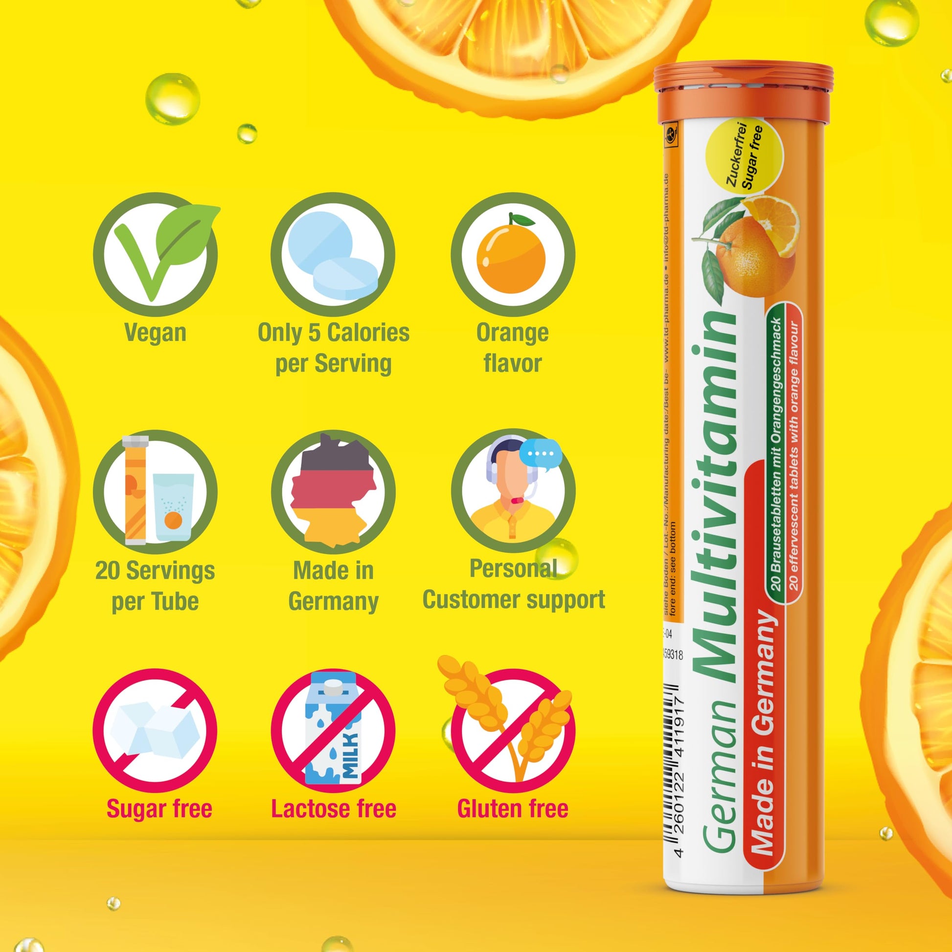T&D German Multvitamin 10 Vitamins - 100 Vegan Drink Effervescent Tablets - Orange Flavor - Made in Germany T&D buy supplements Au