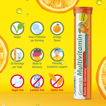 T&D German Multivitamin Drink Effervescnet Tablets 140 Servings Orange Flavour - Vitamin C, E, B1, B2, B6, B12, Biotin, Folic Acid, Niacin, Pantothenic Acid Pharma – Made in Germany T&D buy supplements Au