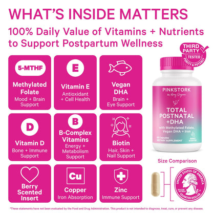 Pink Stork Total Postnatal Vitamins for Women | Vegan DHA, Iron, Folate, B12 | Postpartum Recovery Essentials | Lactation Support for Breastfeeding Moms