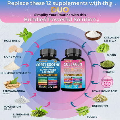 JTEVEweu Shining Serenity Set, Cortisol Support with Ashwagandha, L-Theanine, Magnesium, Lions Mane, GABA, Bacopa Monnieri, Collagen Biotin, Keratin, Hyaluronic Acid, Quercetin JTEVEweu buy supplements Au