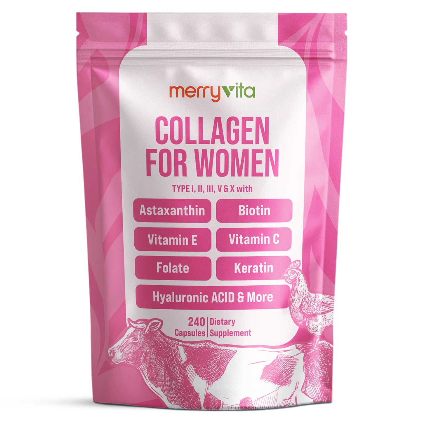 MERRY VITA Collagen for Women – Hydrolyzed Multi Collagen Peptides Types I, II, III, V & X – Collagen Supplement with Vitamin C, Biotin & Hyaluronic Acid – Grass Fed, Non-GMO, 240 Capsules MERRY VITA buy supplements Au