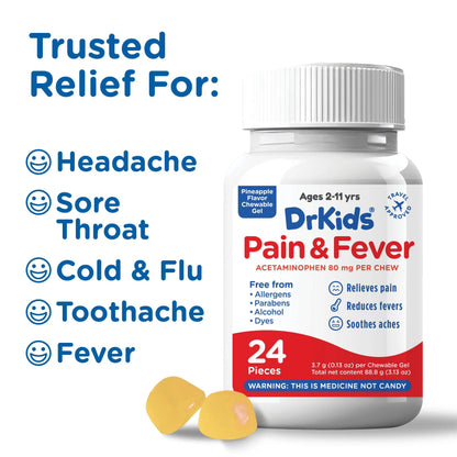 Dr. Kids Children’s Pain and Fever Chewable Gels – Pain Relief and Fever Reducer for Kids Ages 2–11, 80 mg Chewable Acetaminophen for Headache, Sore Throat, Cold & Flu, Pineapple Flavor, 24 Count Dr. KidsBuy Supplements Australia