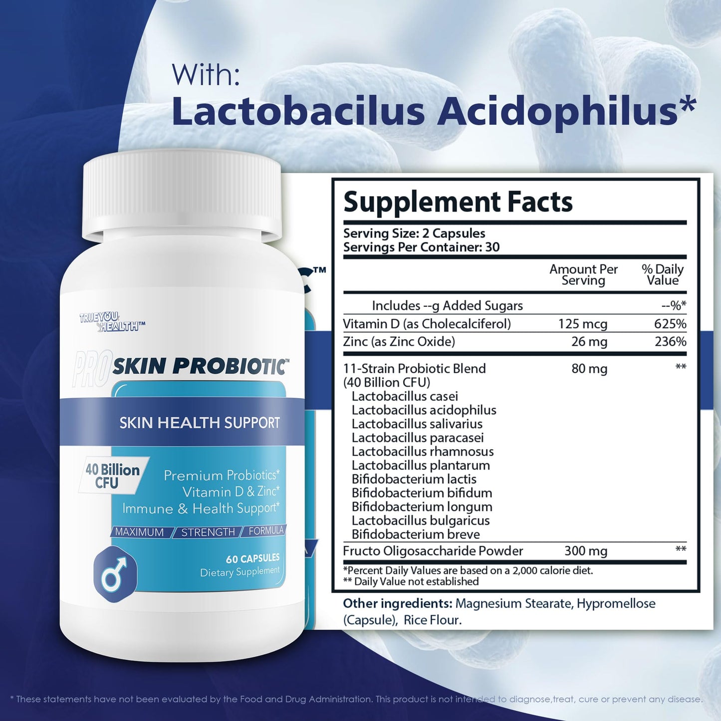Pro Skin Probiotic - Skin Health Supporting Probiotic with Immune Support - Promote Healthy Skin Microbiome from Inside Out - Health Starts in the Gut - Support Reduced Breakouts, Redness, & Puffiness