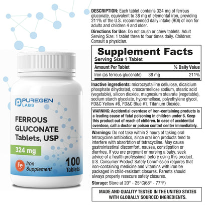 Puregen Labs Ferrous Gluconate 324 mg [High Potency] Iron Supplement, Gentle on Stomach - 100 Tablets