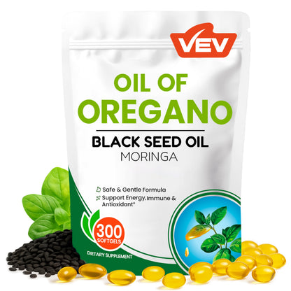 VEV Oil of Oregano with Black Seed Oil & Moringa, Organic, 300 Softgels, Aceite de Orégano, Carvacrol-Rich, Opaque Airtight Packaging