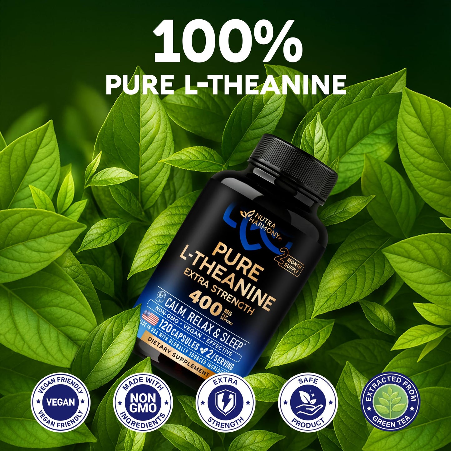 L Theanine 400 mg | L-Theanine Stress Relief | Extra Strength Supplement | Made in USA | Relaxation, Sleep & Calm Support | For Men & Women | Plant Based