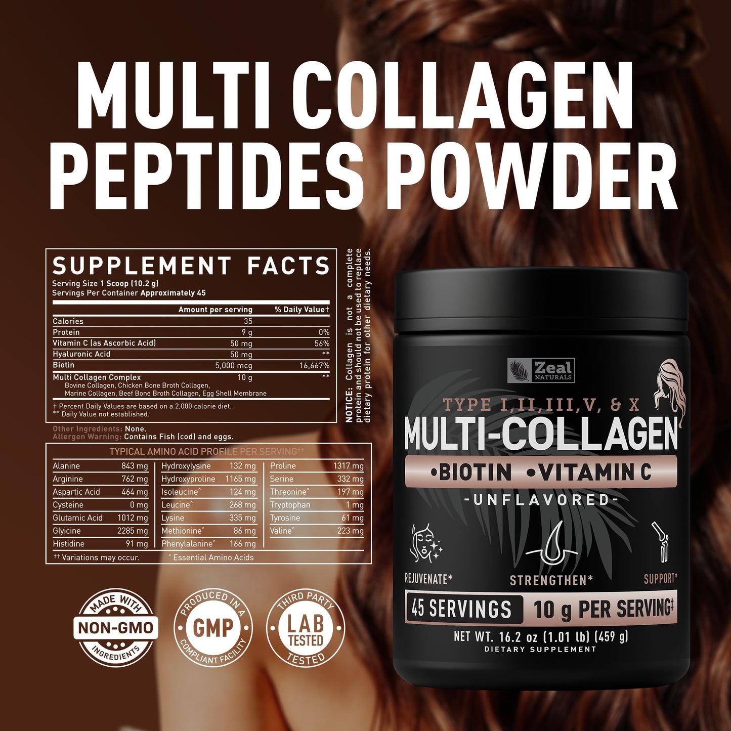 Zeal Naturals Multi Collagen Protein Peptides Powder Types I II III V X - Vitamin C, Biotin & Hyaluronic Acid - Hair, Skin & Nails - Marine, Bovine, Chicken & Eggshell - Unflavored, 45 Servings Zeal Naturals buy supplements Au
