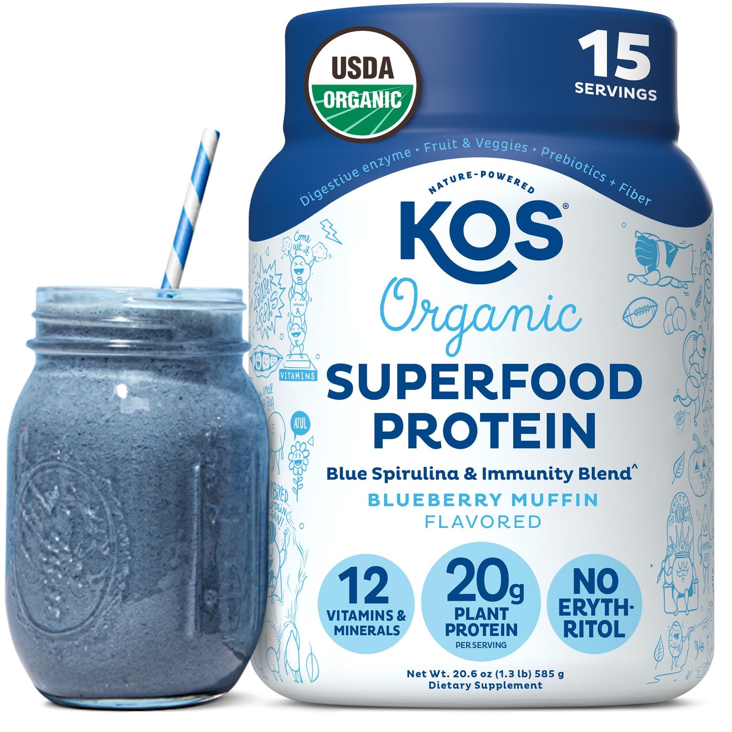 KOS Plant Based Protein Powder, Blueberry Muffin - Organic Pea Protein Superfood with Spirulina and Immune Support Blend. Soy, Gluten, Dairy Free - Vegan Meal Replacement for Women & Men - 15 Servings KOS buy supplements Au