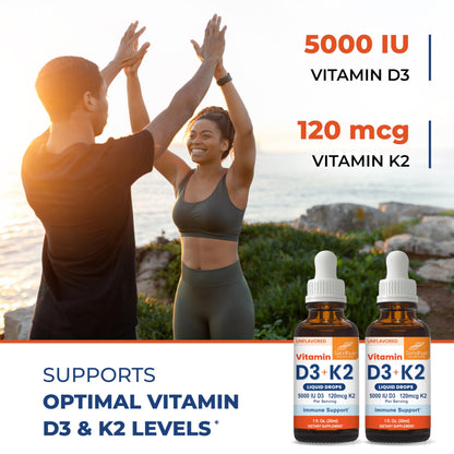 Sandhu's Vitamin D3 K2 Drops for Adults | 5000 IU D3 Liquid, 120mcg K2 Supplement 1 Fl Oz (Pack of 2) | D3K2 Supports Superior Absorption