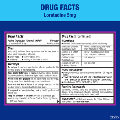 Ohm Children's Allergy Medicine, Loratadine 5mg, Chewable Tablets (30 Count) Bubblegum Flavor, Non-Drowsy Antihistamine, 24-Hour Allergy Relief for Runny Nose, Watery Eyes, Itchy Throat & Nose