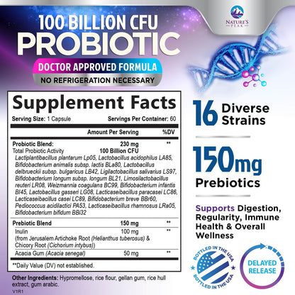 Probiotics for Digestive Gut Health - 100 Billion CFU Per Capsule, 16 Premium Strains & Prebiotics - Best Probiotics for Women & Men, Occasional Constipation