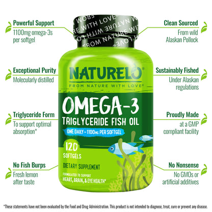 NATURELO Burpless Omega 3 Fish Oil Supplement - 1100mg Triglyceride Omega-3, EPA + DHA, Liquid Fish Oil for Heart, Eye, Brain, Joint Health