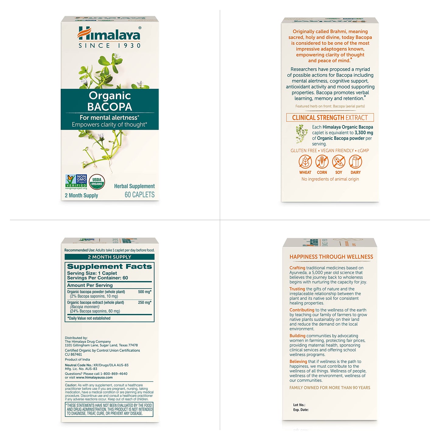 Himalaya Organic Bacopa Monnieri Nootropic Herbal Supplement, Supports Calm, Memory, Cognition, USDA Certified Organic, Non-GMO, 750 mg