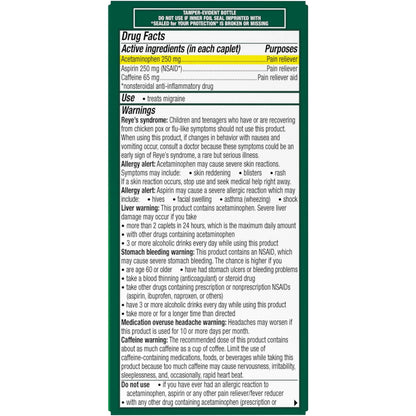 Excedrin Migraine Relief Caplets for Migraine Symptoms, Acetaminophen 250mg, Aspirin 250mg, Caffeine 65mg, Pain Reliever, 100 Count GlaxoSmithKlineBuy Supplements Australia