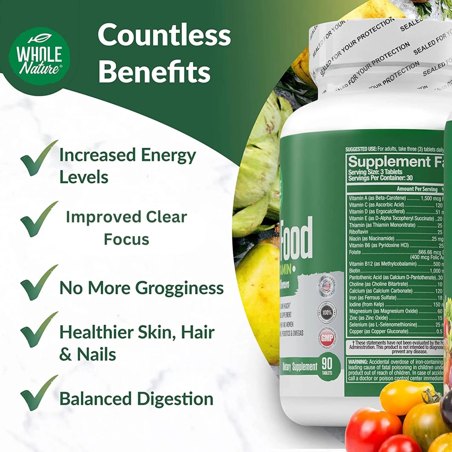 Whole Nature Whole Food Multivitamin for Men and Women Complete Daily Superfood Vitamins Plus Minerals Digestive Enzymes Whole Nature