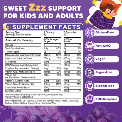 (2Pack) Sugar Free Magnesium Glycinate Gummies for Kids & Adults - Zzz Support, Relaxation & Cognition Support, 200/400mg Magnesium Gummies with L-Theanine,