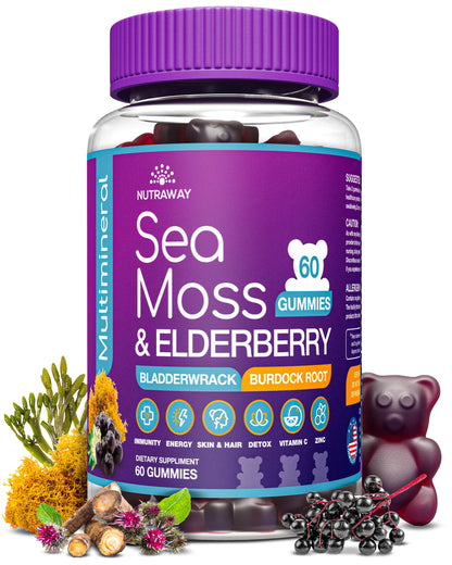 NUTRAWAY LABS Sea Moss Gummies with Elderberry, Vitamin C & Zinc - 102 Minerals from Irish Sea Moss, Bladderwrack & Burdock Root for Immune Support - Vegan Seamoss Supplement (Pack of 1) NUTRAWAY LABSBuy Supplements Australia