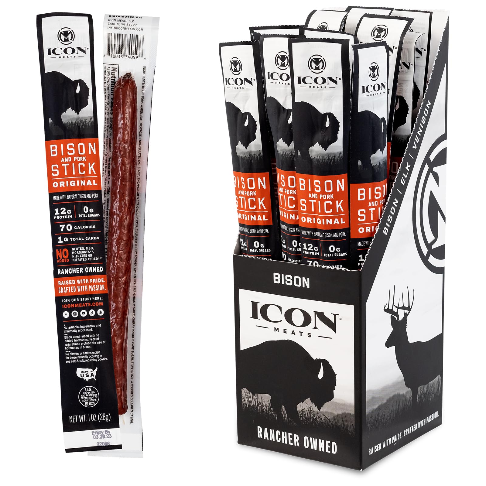 ICON Meats Bison and Pork Snack Sticks, Original Flavor, 24 Pack of High Protein Snacks, Sugar Free, Natural Jerky Meat Sticks, Gluten Free, USDA Inspected, Made in USA, Gifts for Him ICON buy supplements Au