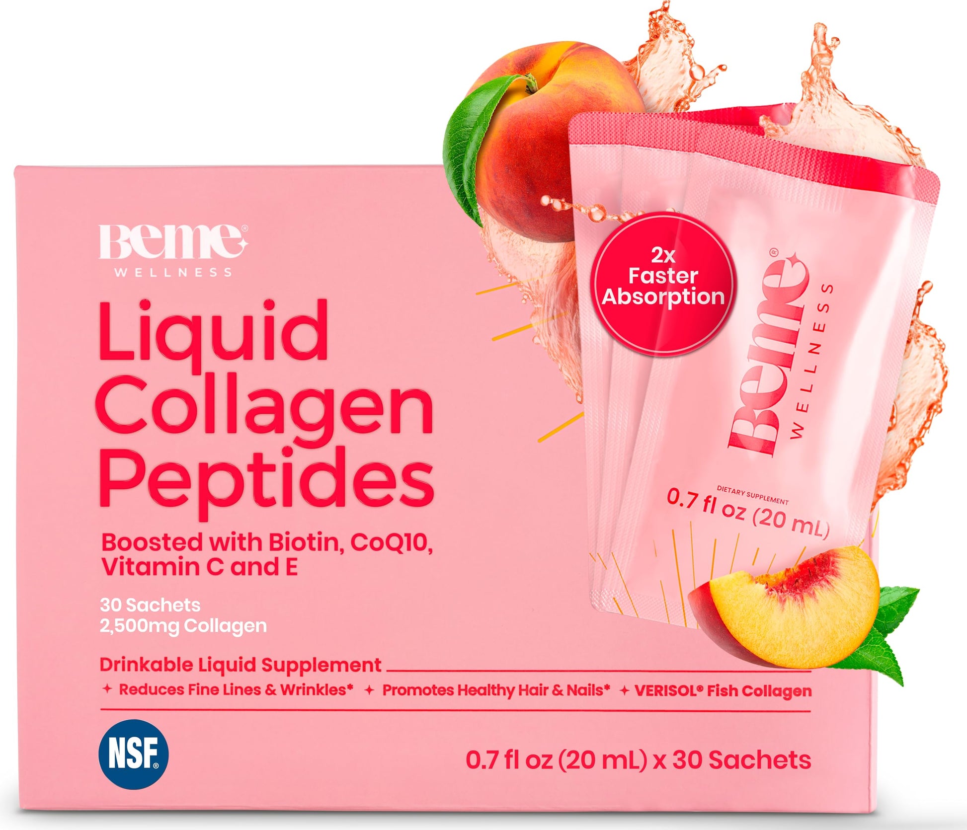 BeMe Liquid Collagen for Women - 2500mg Verisol Collagen Liquid with Biotin, CoQ10 & Vitamin C - Clinically Proven Collagen Peptides for Hair, Skin & Nails - 30 Peach Sachets BeMe buy supplements Au