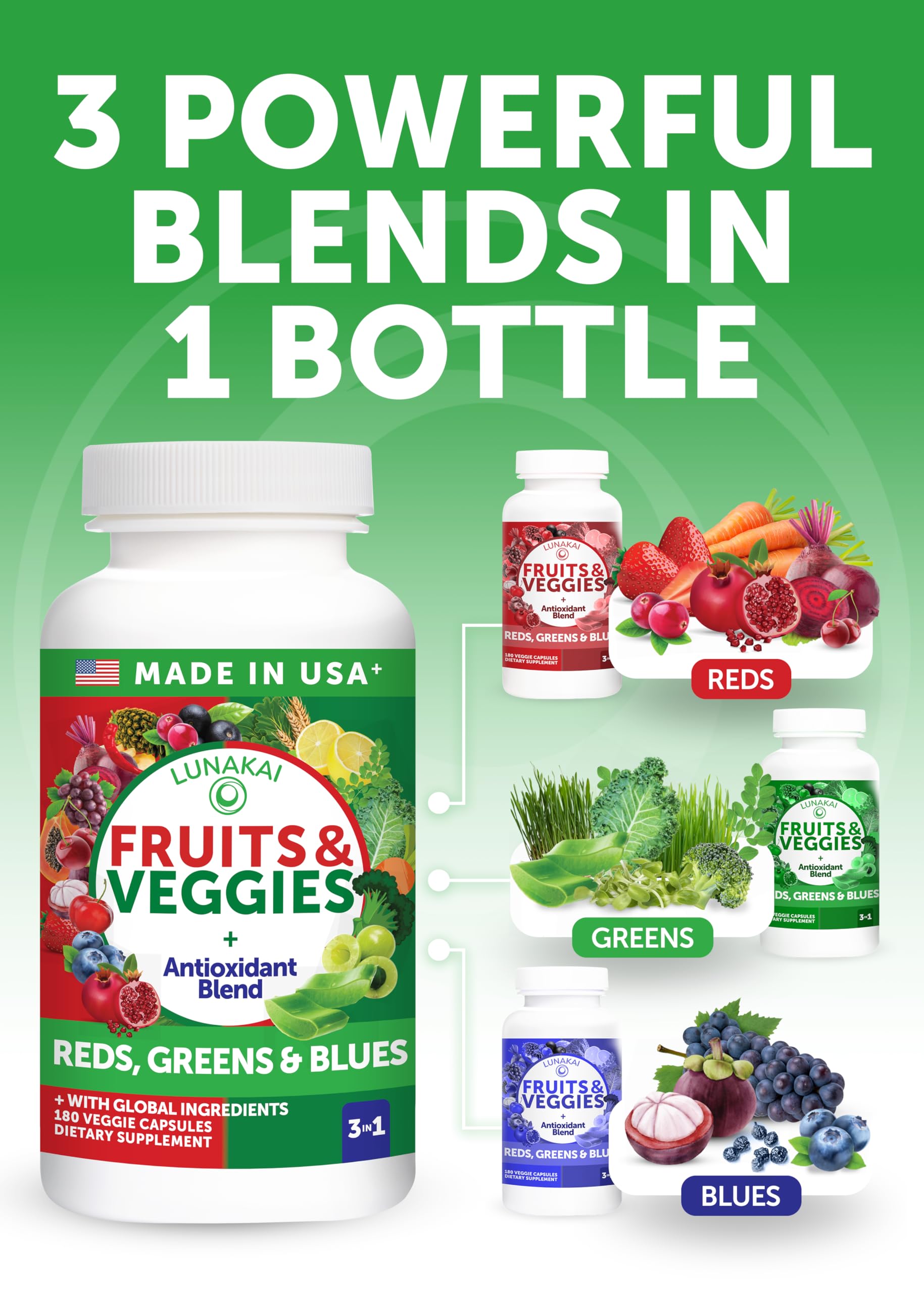 Lunakai USA Made Superfood Fruits & Veggies Supplement - All-in-One with 4 Blends & Scented Capsules, 180ct Super Veggie Capsules for Adults Lunakai buy supplements Au
