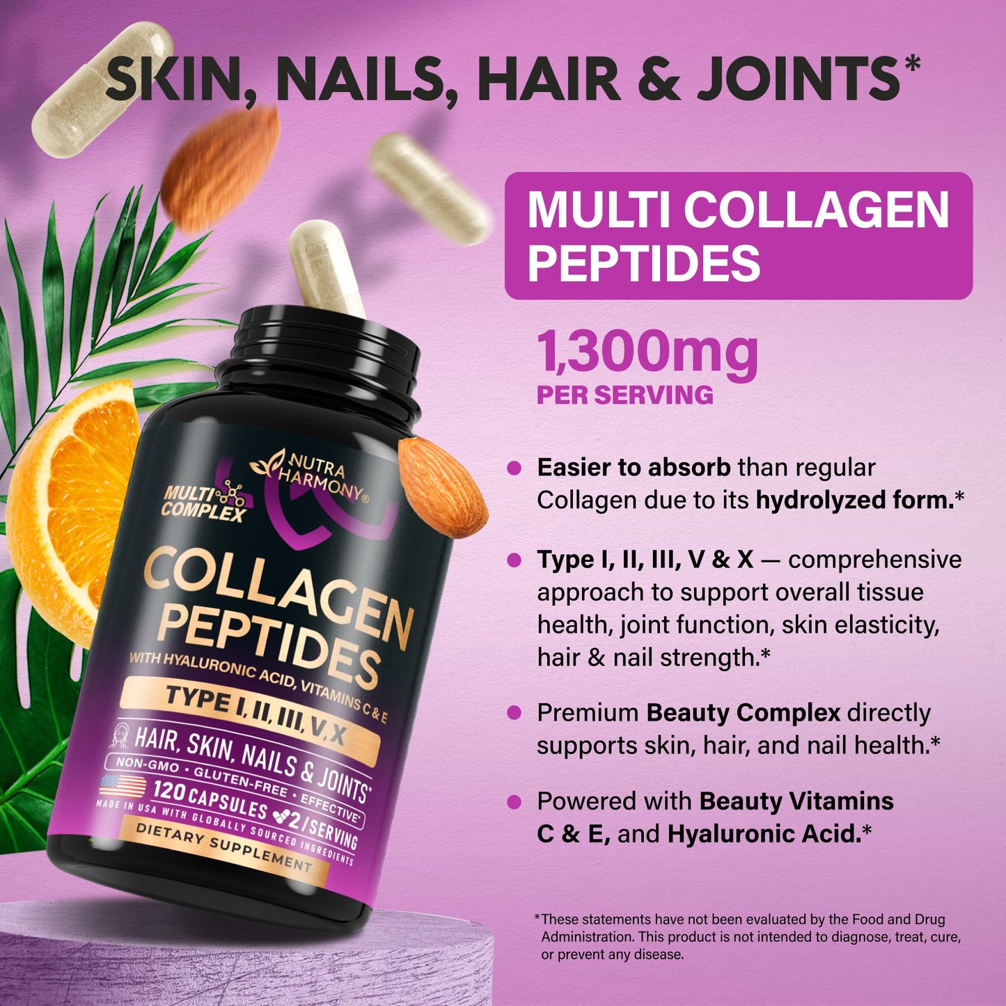 Multi Collagen Peptides - Hydrolyzed Types I, II, III, V & X - Collagen Supplement for Women 1300mg - w/ Hyaluronic Acid, Vitamins C & E - Skin, Hair, Nails & Joint Support - Made in USA, 120 Capsules NUTRAHARMONY buy supplements Au