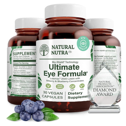 Supplement bottle labeled 'Natural Nutra Ultimate Eye Formula' with blueberries and a diamond award on a white background