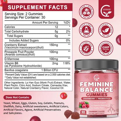 GORNVB Premium Feminine Balance Gummies for Women, Support pH Balance & Vaginal Probiotics Health Gummies with Cranberry Pineapple Powder, D-Mannose, Sugar Free, Gluten Free, Vegan GORNVBBuy Supplements Australia