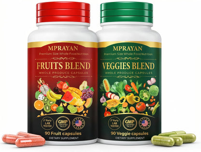 MPRAYAN Fruits and Veggies Capsules - 90 Fruits + 90 Veggies - Whole Food Superfood Supplement - Daily Greens Vitamins & Minerals - Plant Based Nutrition - Vegan Non-GMO - 180 Capsules MPRAYAN buy supplements Au