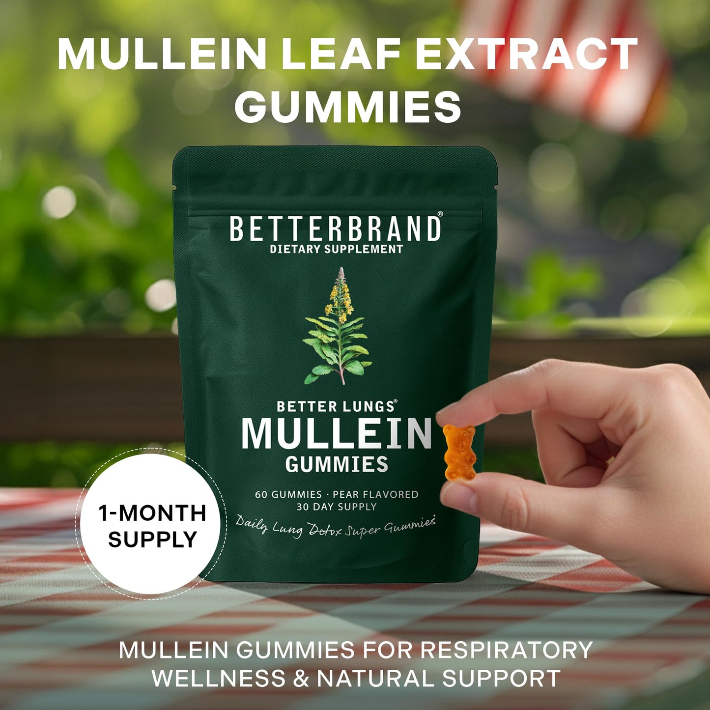 Betterbrand Mullein Chewable Gummies for Lung Cleanse and Detox, Respiratory Health Supplement, 1000mg Mullein Extract per Serving, 60 Gummies