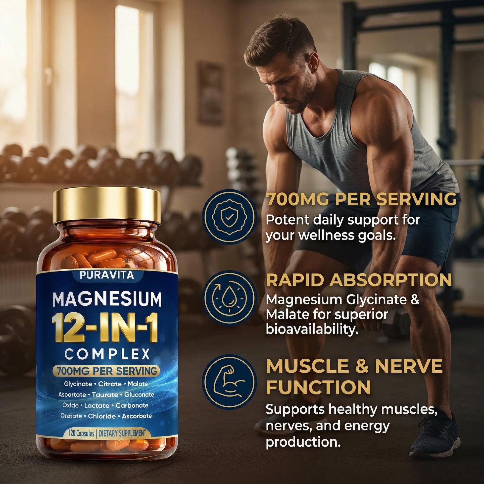 Puravita 12 in 1 Magnesium Complex Capsules - 700mg High Absorption Blend with Glycinate, Citrate, Malate, Oxide & Taurate. Supports Muscle Function, Nerve Health & Relaxation - 120 Capsules (1) PURAVITA buy supplements Au