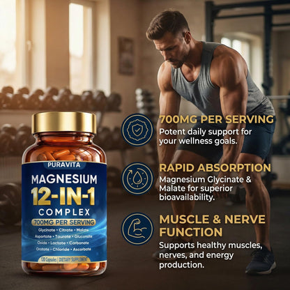 Puravita 12 in 1 Magnesium Complex Capsules - 700mg High Absorption Blend with Glycinate, Citrate, Malate, Oxide & Taurate. Supports Muscle Function, Nerve Health & Relaxation - 120 Capsules (1) PURAVITA buy supplements Au
