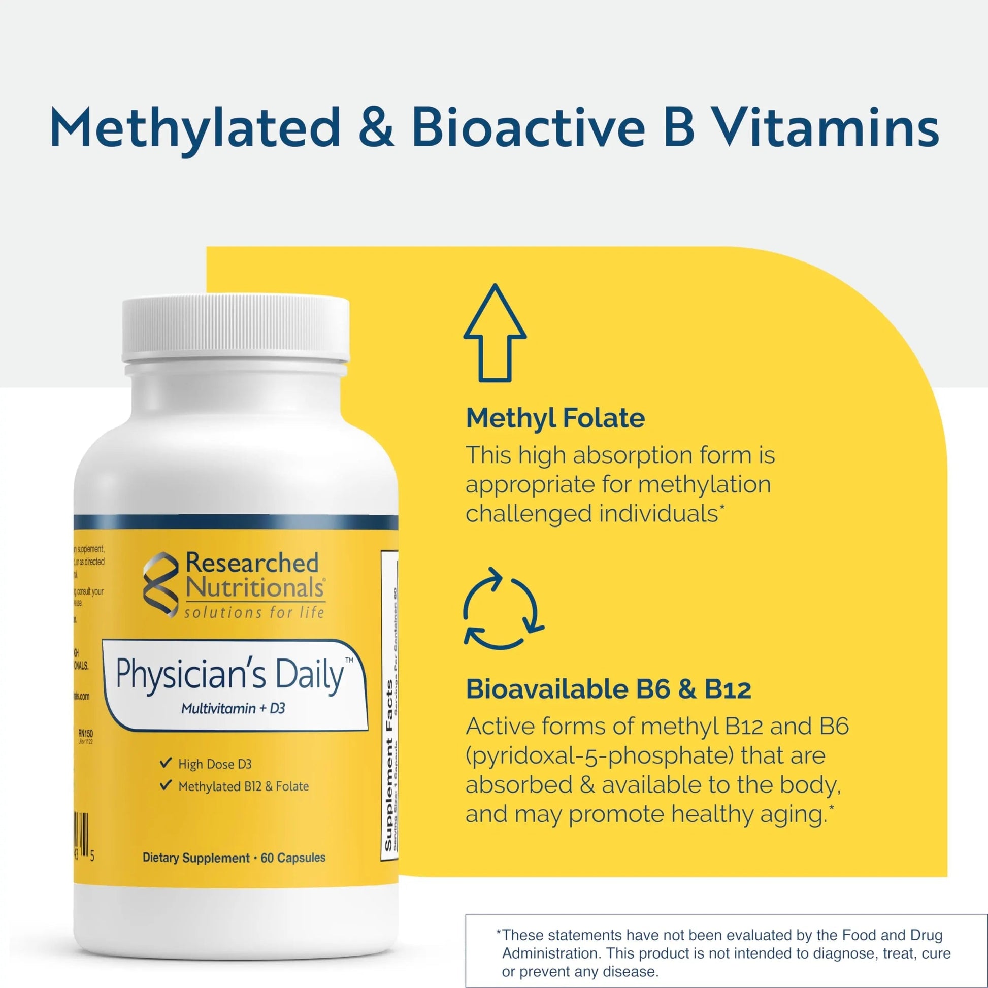 Researched Nutritionals Physician's Daily + D3 Supplement - Daily Multivitamin for Men and Women with Vitamin D3 2000iu Researched Nutritionals