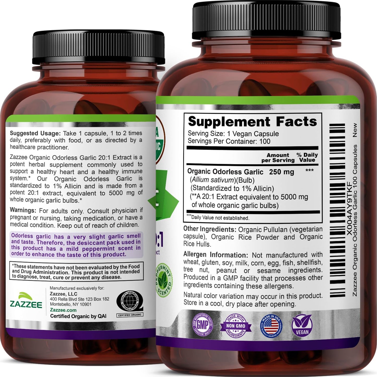 Zazzee USDA Organic Odorless Garlic 20:1 Extract, 1% Allicin, 100 Vegan Capsules, 3+ Month Supply, Allium Sativum, Immune, Circulation & Heart Health Support
