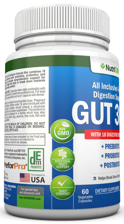 4-in-1 Probiotics, Prebiotics & Postbiotics with 18 Digestive Enzymes for Women & Men - Complete Gut & Digestive Support Supplement