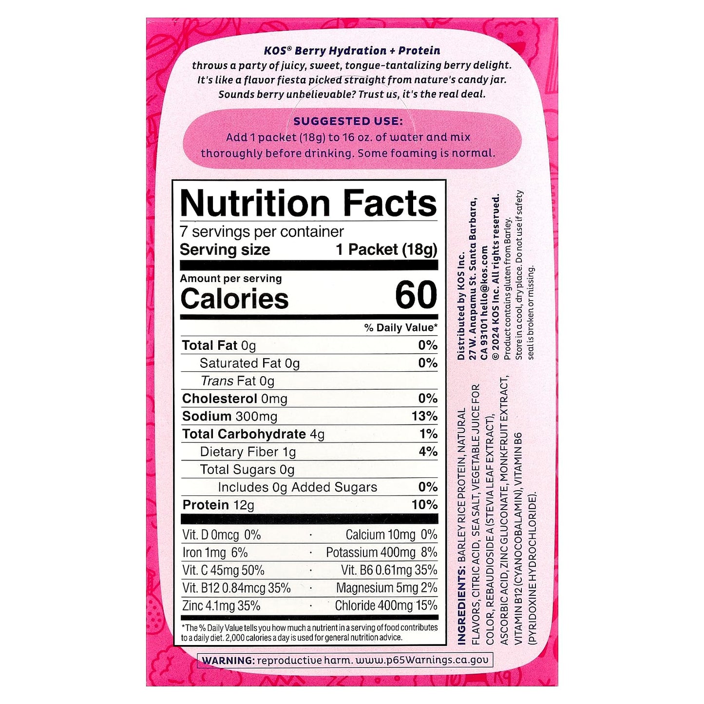 Kos Berry Hydration Protein 7ct, 0.65 OZ KOS buy supplements Au
