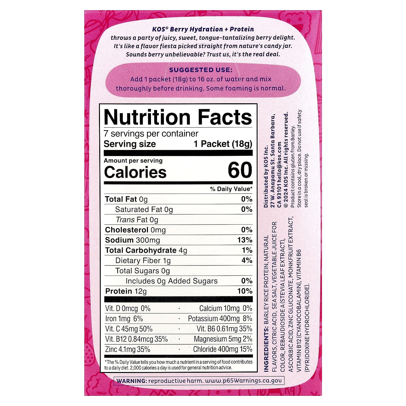 Kos Berry Hydration Protein 7ct, 0.65 OZ KOS buy supplements Au