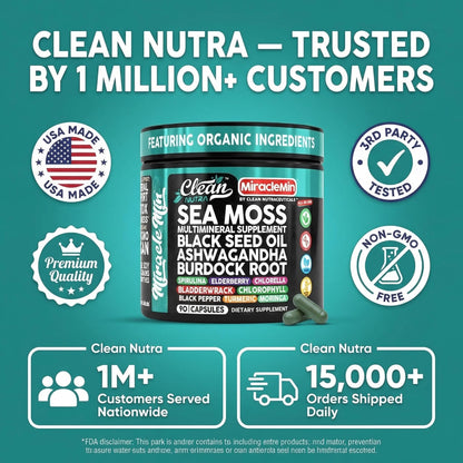 Clean Nutra Organic Sea Moss Capsules with Ashwagandha, Black Seed Oil, Burdock Root, Bladderwrack, Moringa, Chlorella, Spirulina, Turmeric, Elderberry, Amla – 90 Vegan Capsules – MiracleMin Clean NutraceuticalsBuy Supplements Australia